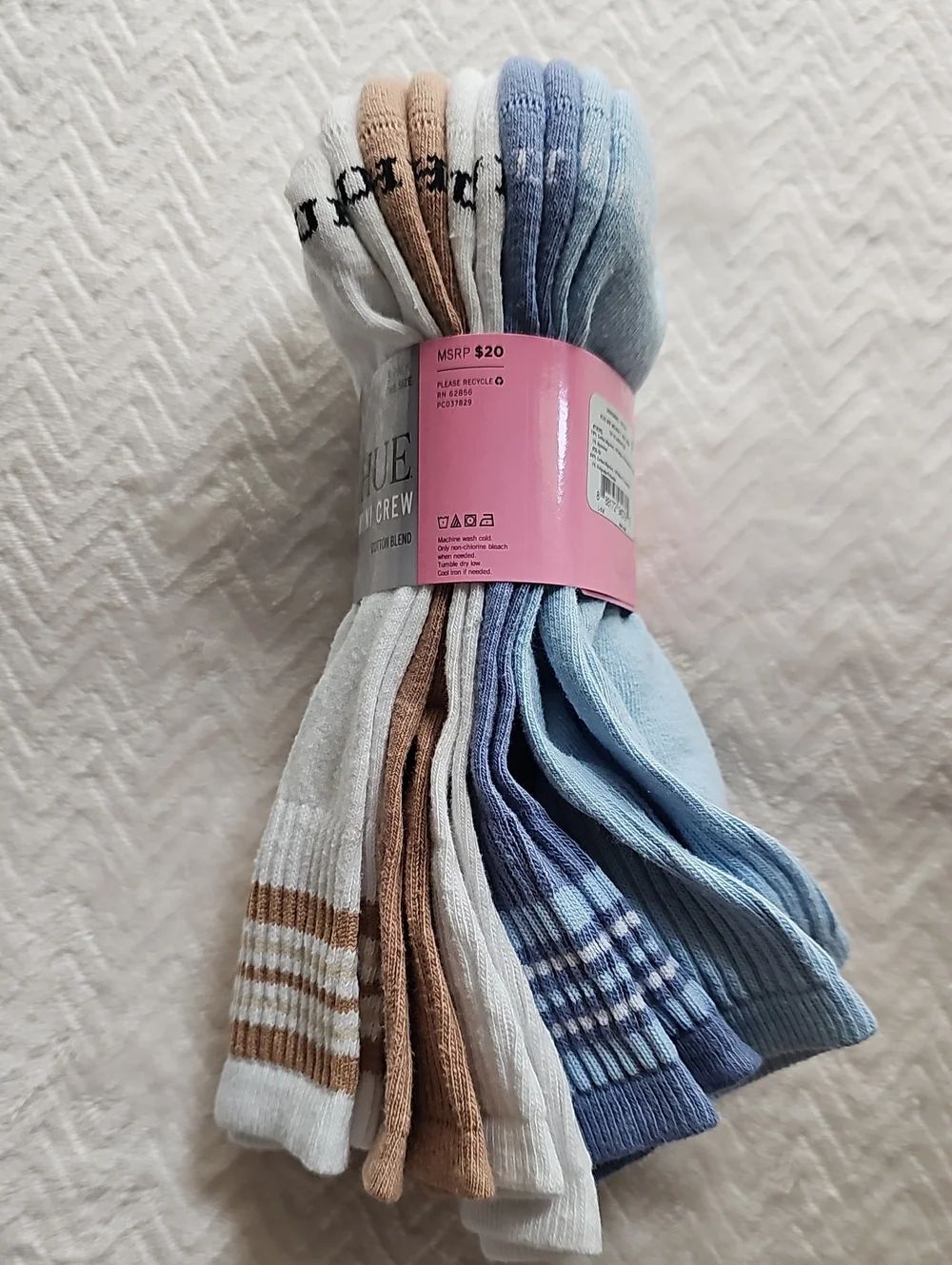 Hue Women's Mini-Crew Sock 5 Pack — Blue, White & Brown 5 Pairs NWT Cotton Nylon